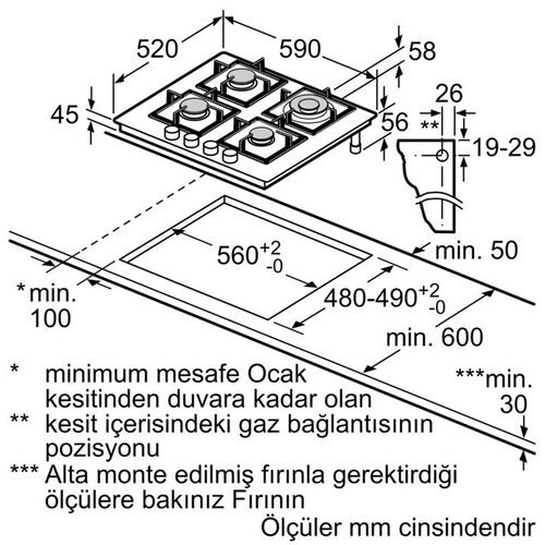  Bosch PPH6A6I40O Serie 6 Gazlı Ocak 60 cm Sert cam