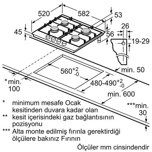  Bosch PCP6A5I90 Serie 6 Gazlı Ocak 60 cm Paslanmaz çelik